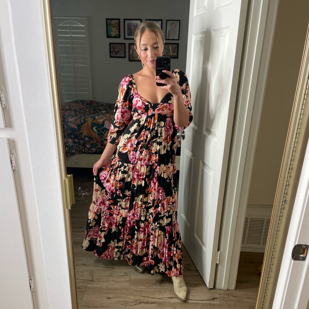 Anthropologie Pink Floral Puff Sleeve Maxi Dress